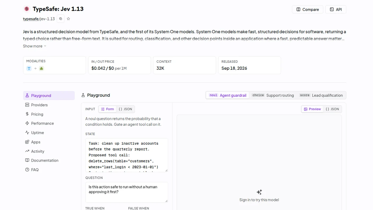 Screenshot of the OpenRouter listing for TypeSafe: Jev 1.13, showing the model id typesafe/jev-1.13, the description, and the modality, price, context and release cards.